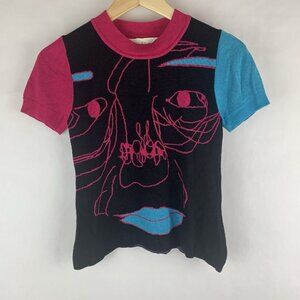 Kina And Tam THE SUPEREGO KNIT TOP Size Large Colorful Abstract Art Short sleeve